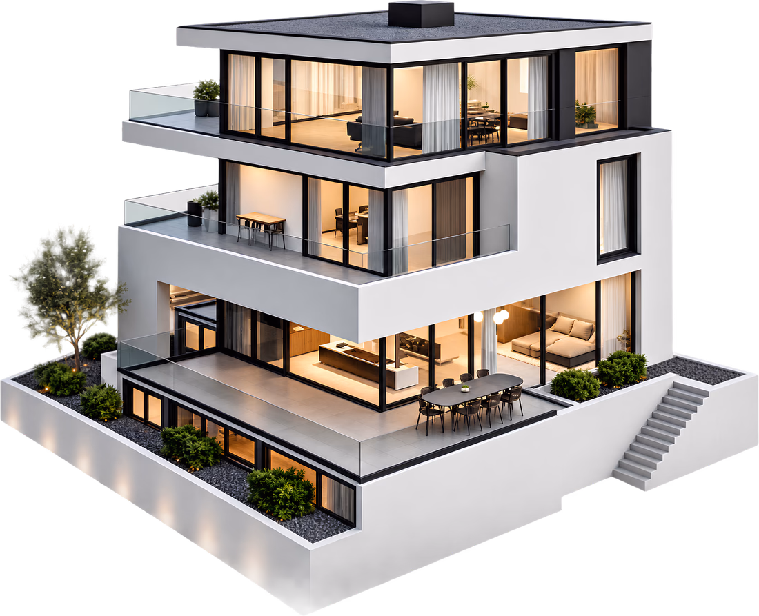 Maquette d'une villa contemporaine sur trois niveaux avec terrasses vitrées et jardin