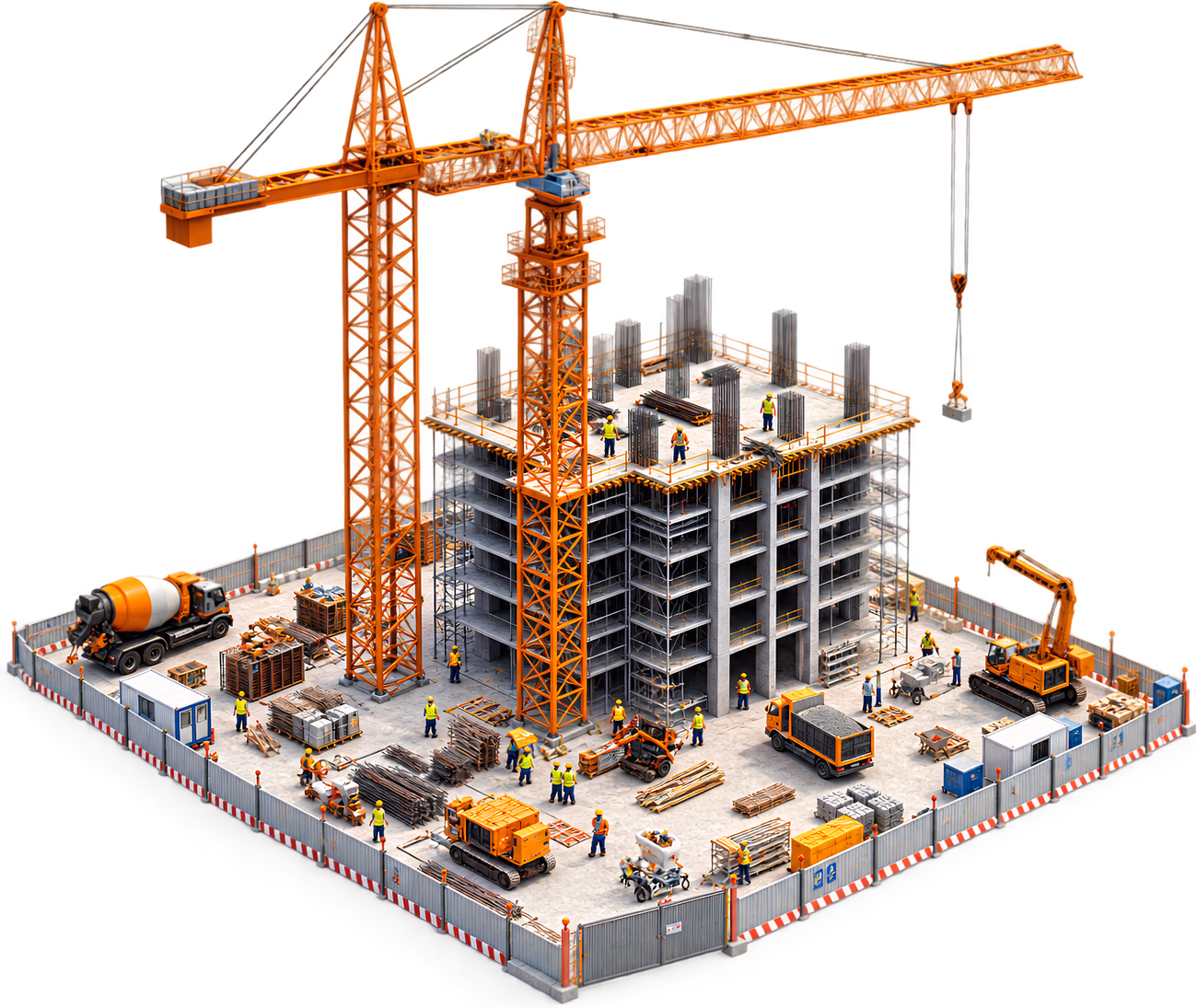 Vue isométrique d'un chantier : grues à tour, immeuble en cours de construction, engins et équipes